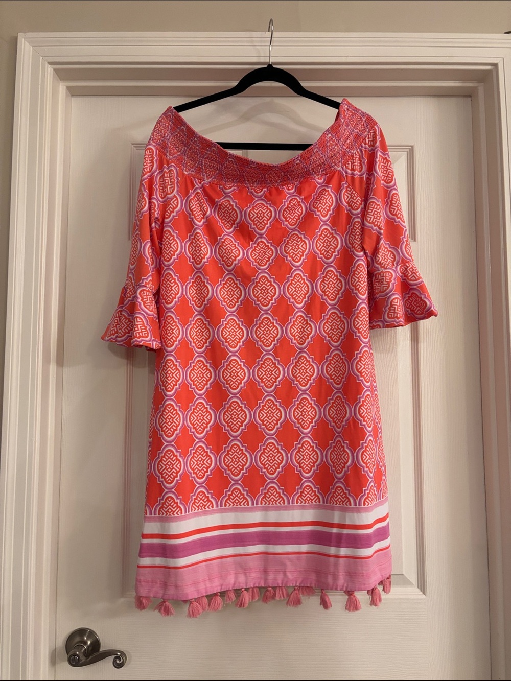Cabana Life Coral Pink Patterned Off-Shoulder Tunic Dress with Tassel Trim